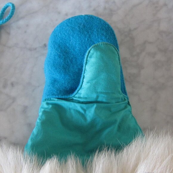 TURQUOISE BLUE WHITE FOX FUR WOOL Handmade Patchwork Trapper Eskimo Long Mitts - Picture 6 of 9